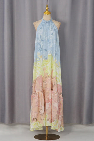 Paisley Print Halter Neck Backless Long Dress