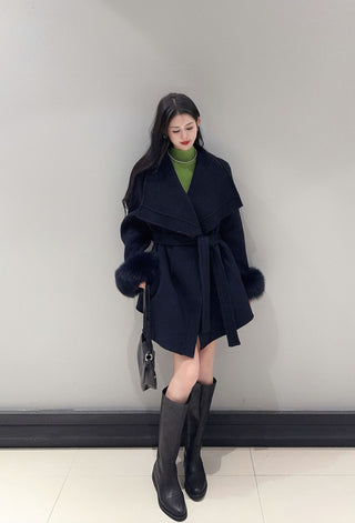 Wrap Belted Wool-Blend Jacket with Fur Cuffs