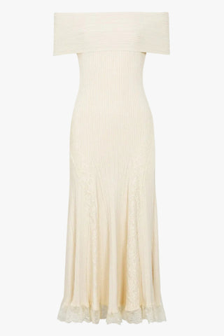 Luxe Ribbed Knit Off-Shoulder Lace Panel Long Dress