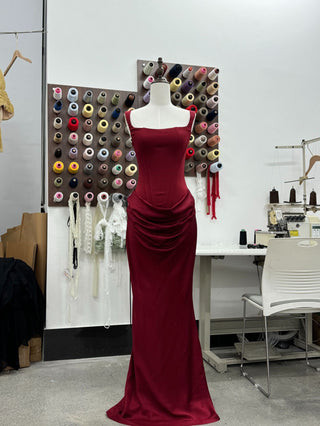Structured Corset Back Long Dress with Draped Silhouette