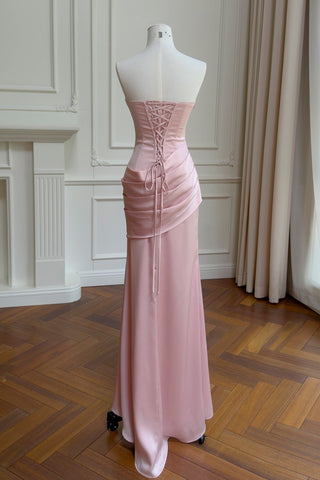 Satin Draped Corset Long Dress with Scarf – Elegant Strapless Design