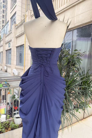 Strapless Ruched Long Dress with Lace-Up Back & High Slit