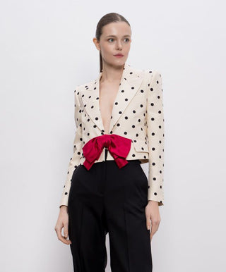 Polka Dot Cropped Blazer with Statement Bow