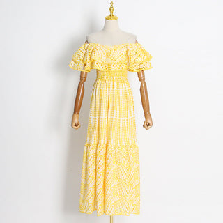 Embroidered Off Shoulder Ruffled Long Dress