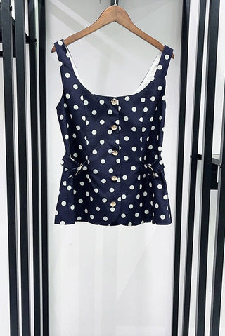 Polka Dot Top & Skort Set – Gold Button Detail, Side Buckle Accent & High-Waisted Skort