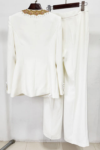 Elegant Embellished Blazer & Wide-Leg Pants Set – Tailored Formal Two-Piece Suit