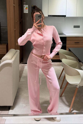 Ribbed Knit Two-Piece Lounge Set – Button Cardigan & Wide-Leg Pants