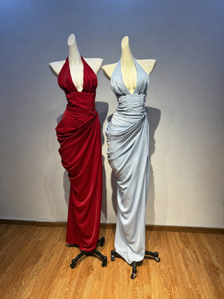 Draped Halter Corset Long Dress with High Slit