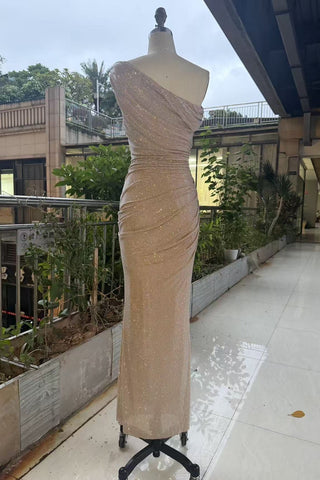 One-Shoulder Shimmer Mesh Long Evening Dress