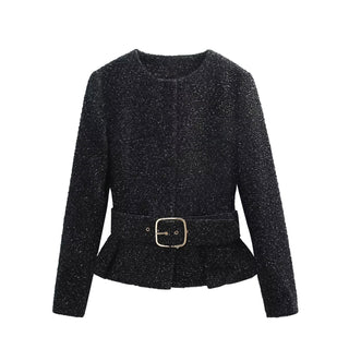 Long Sleeve Textured Tweed Jacket with Gold Buckle Belt & High-Waisted Shorts Set