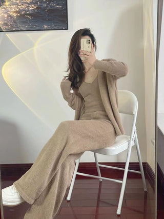 3-Piece Fuzzy Knit Lounge Set – Tank, Wide-Leg Pants & Cardigan