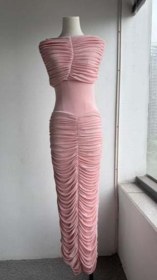 Velvet Ruched Cape Shoulder Short Sleeve Long Dress