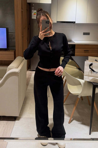 Ribbed Knit Two-Piece Lounge Set – Button Cardigan & Wide-Leg Pants
