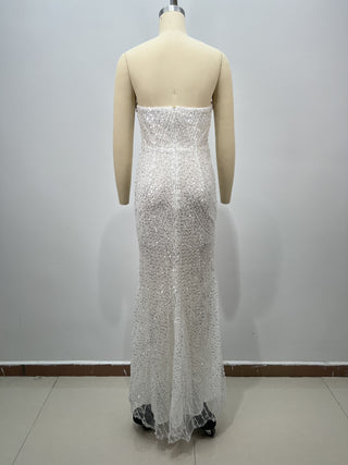 Pearl & Sequin Embellished Strapless Corset Long Dress