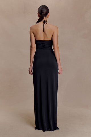 Gold Detail Halter Long Dress – Sleeveless Open Back, Ruched Waist & Floor-Length