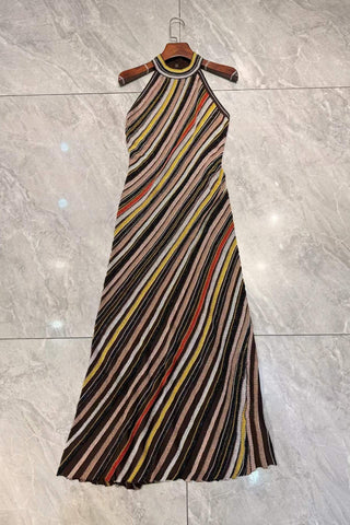 Halter Neck Open-Back Striped Knit Long Evening Dress