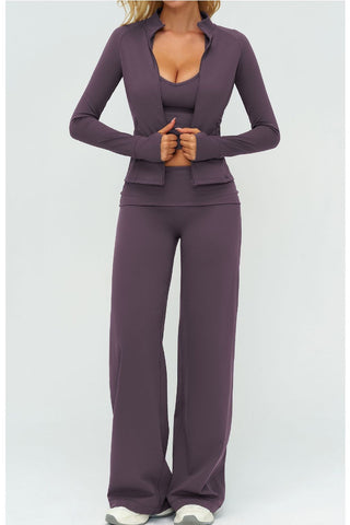 3-Piece Women’s Yoga Set – Cropped Tank, Zip Jacket & Wide-Leg Pants Activewear Set
