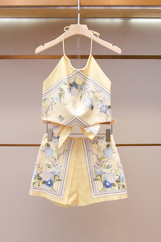 Floral Print Satin Halter Top & High-Waisted Shorts Set