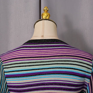Metallic Striped Knit Maxi Dress with V-Neck and Long Sleeves