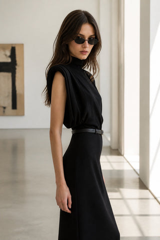 High-Neck Draped Shoulder Long Dress with Belt