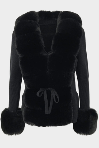 Long Sleeve Knitted Jacket with Faux Fur Trim – Tie-Front Design