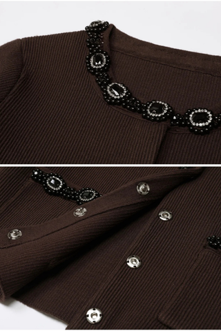 Embellished Pearl and Rhinestone Knit Cardigan with Matching Flared Midi Skirt Set