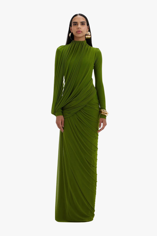 Elegant Long Mesh Dress with Long Sleeves & Sculpted Draped Design