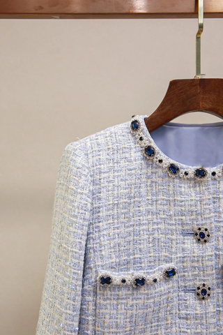 Embellished Collar Tweed Jacket – Long Sleeve, Pearl & Crystal Trim