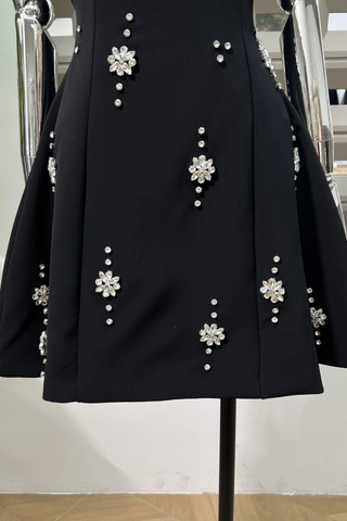 Crystal Embellished Open Back Bow Mini Dress
