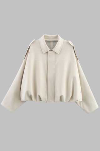 Oversized Faux Suede Jacket with Shoulder Flap Detail and Elastic Hem