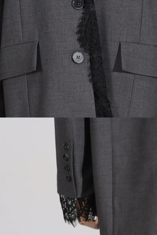 Lace-Trimmed Oversized Blazer Dress with Structured Shoulders