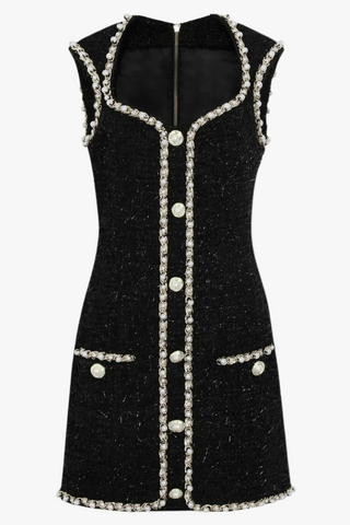 Sleeveless Tweed Mini Dress with Pearl Chain Trim & Structured Fit