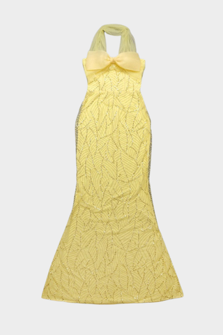 Sleeveless Halter Beaded Yellow Tulle Long Dress – Hand-Embellished Sequins & Pearls, Floor-Length Design