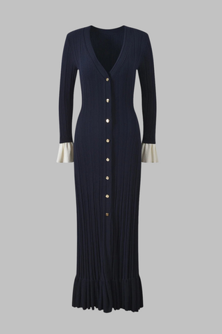 Ribbed Knit Mid-Long Dress with Contrast Pleated Cuffs and Button Front