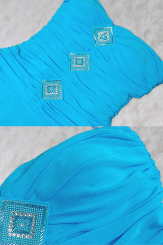 Aqua Blue Strapless Mesh Long Dress with Crystal Diamond Accents