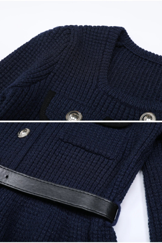 Textured Knitted Peplum Cardigan and High-Waist Skirt Set with Belt