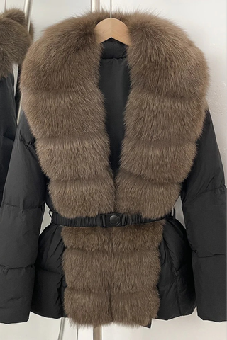 Belted Puffer Jacket with Faux Fox Fur Collar and Front Panel