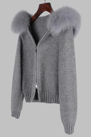 Faux Fur Trimmed Knitted Hooded Cardigan