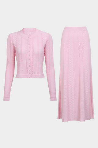 Two-Piece Textured Knit Set – Pearl-Button Cardigan & Flared Maxi Skirt