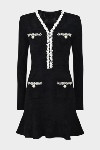 V-Neck Tweed Mini Dress with Front Pockets & Accents