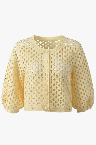 Embellished Open-Knit Cropped Cardigan with Elbow-Length Balloon Sleeves