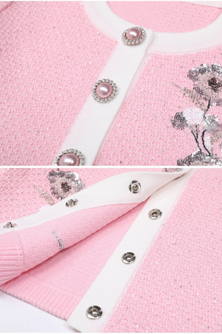 Knitted Sequin Floral Embellished Cardigan and High-Waist Pencil Skirt Set