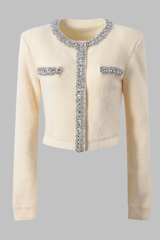 Crystal-Embellished Soft Wool Set – Cream Beige Cropped Jacket and Ruffled Mini Skirt