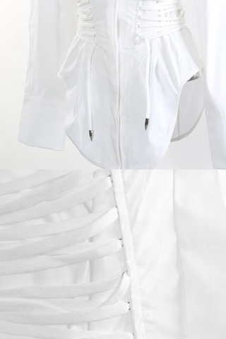 Long Sleeve Corset Waist Button-Up Shirt Dress with Adjustable Lace-Up Design