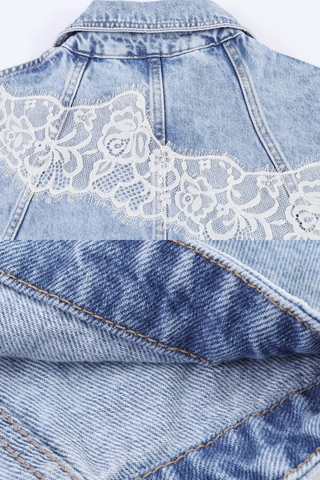 Lace Detail Cropped Denim Jacket in Light Wash