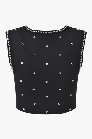 Pearl Accent Knit Two-Piece Set – Sleeveless Crop Top & Mini Skirt