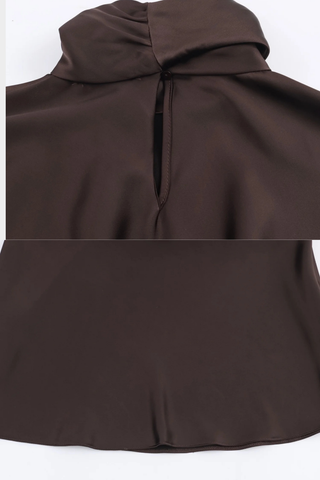 Satin High-Neck Mini Dress with Scarf Tie & Long Sleeves