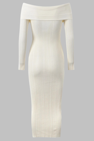 Off-Shoulder Ribbed Knit Mid-Long Dress with Button Front