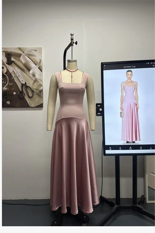 Square Neck Fitted Bodice Long Dress with Flared Satin Skirt
