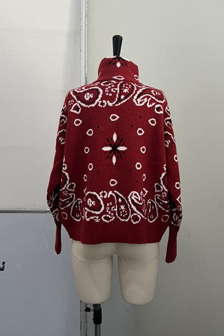 Fur Collar Zip-Up Knit Top – Long Sleeve Paisley Design